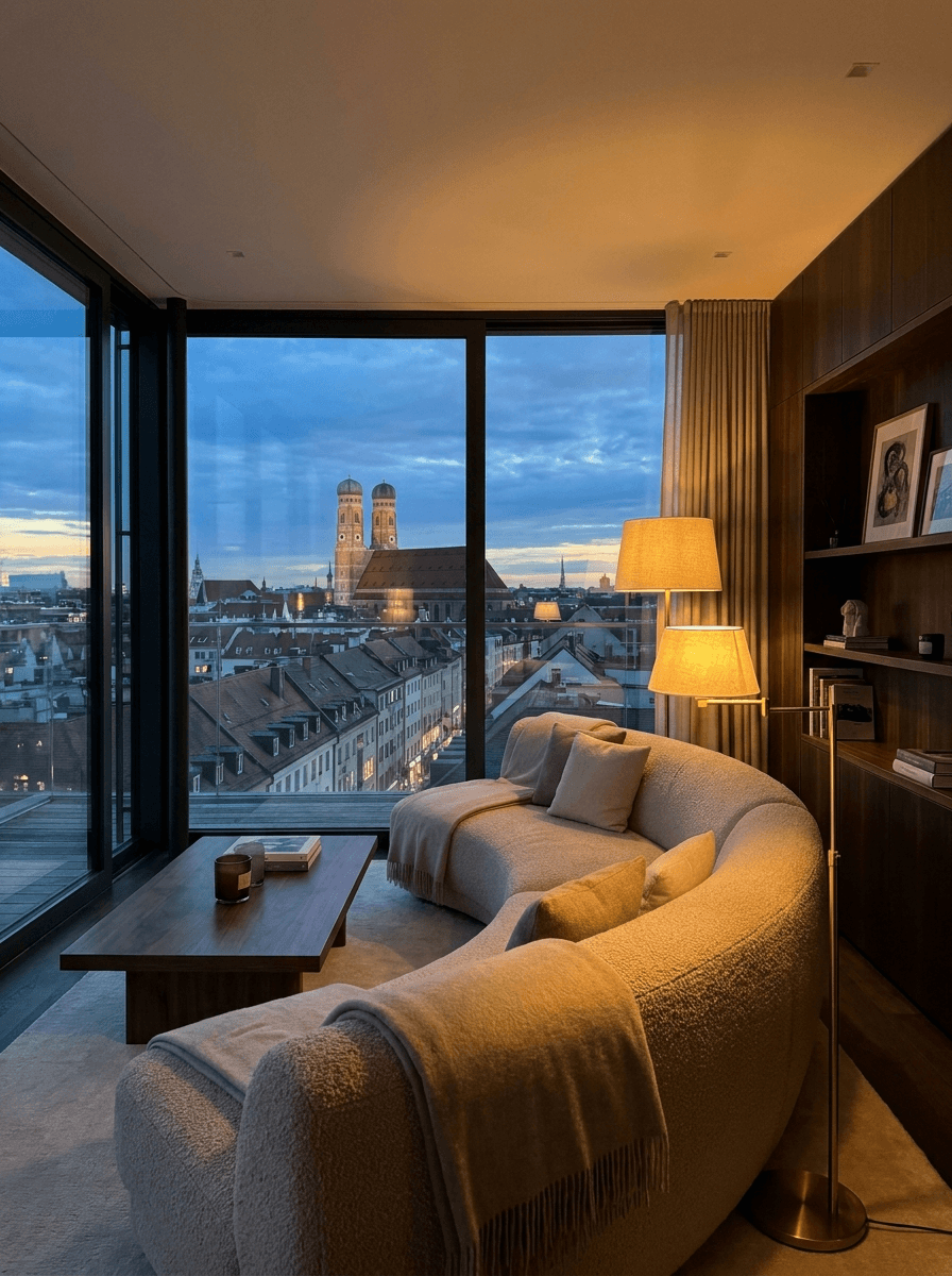 Abendliches Wohnzimmer einer Dachgeschosswohnung mit Blick auf die Frauenkirche